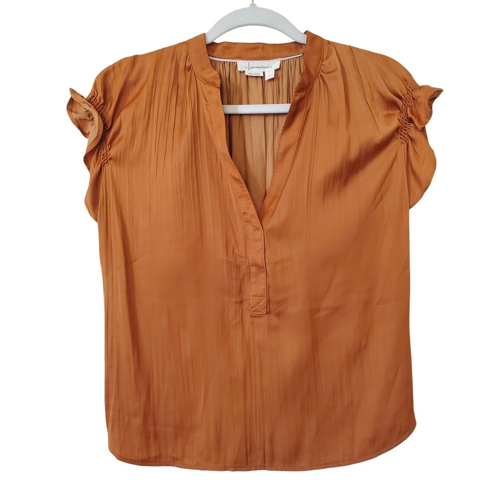 Anthropologie Ruched Sleeve Satin Blouse in Rust Orange